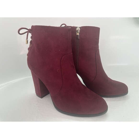 Limelight Burgundy Ankle Booties Women’s 9 Block Heel Side Zip Lace Up Back - Picture 3 of 5